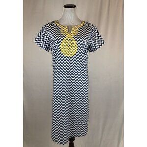 Eshakti Chevron Shift Dress Blue Stripe Yellow Embroidery Size Medium